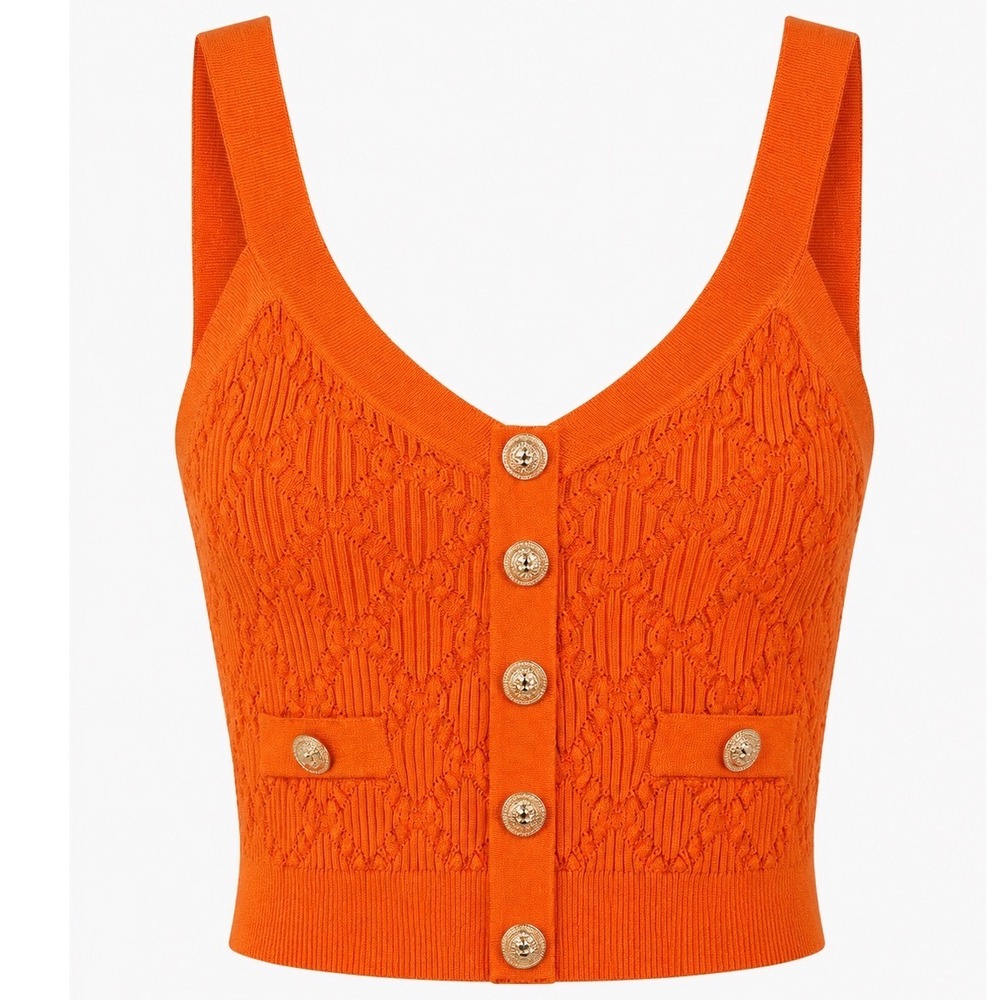 Preppy Orange Knit Crop Tank Top‎ Women S Crest Button Textured Sweater Vest